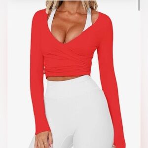 Long Sleeve Wrap Crop Top in Red
